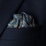 'Cypress' paisley silk pocket square in gold, brown, blue & green (42 x 42cm)