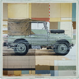 Flat lay of 'Heritage in Motion' off-roader silk pocket square by Otway & Orford in green & brown