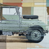 Close up of 'Heritage in Motion' off-roader silk pocket square by Otway & Orford in green & brown