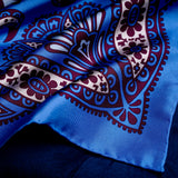 'Kaleidoscope' paisley silk pocket square in blue, burgundy & cream by Otway & Orford