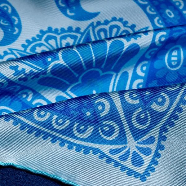 'Kaleidoscope' paisley silk pocket square in turquoise with blue & green by Otway & Orford
