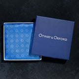 'Luna' polka dot silk pocket square in mid blue by Otway & Orford in gift box