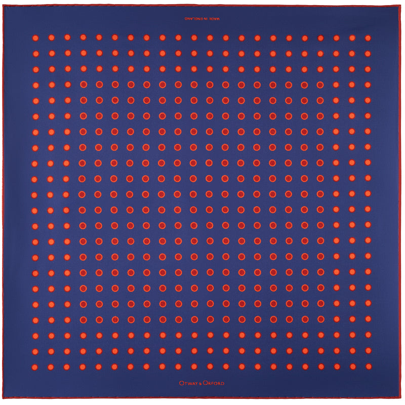 Luna polka dot silk pocket in blue with red dots by Otway & Orford
