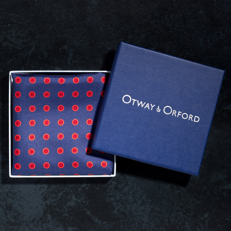 Luna polka dot silk pocket in blue with red dots in gift box by Otway & Orford