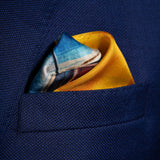 1960s American muscle car silk pocket square in blue & orange by Otway & Orford folded in top pocket