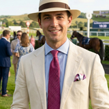 'Neck and Neck' horse racing silk pocket square in purple, green & brown (33 x 33cm)