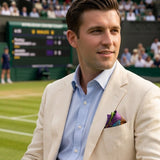 'Tennis Passion' silk pocket square in purple & green (42 x 42cm)