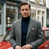 'Put Your Foot Down' classic cars silk pocket square in red, white, blue & grey (42 x 42cm)