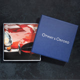 1960s sports car design silk pocket square in red and grey folded neatly in Otway & Orford branded blue gift box.