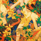 Close up of exotic silk pocket square in gold, orange, green and blue using 1920s painting 'The Hunt' by Robert Burns which features Roman goddess Diana and her nymphs hunting.