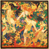 Exotic silk pocket square in gold, orange, green and blue using 1920s painting 'The Hunt' by Robert Burns which features Roman goddess Diana and her nymphs hunting.