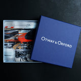 Vintage Velocity British motorcycle silk pocket square by Otway & Orford in gift box