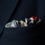 Vintage Velocity British motorcycle silk pocket square by Otway & Orford in top pocket