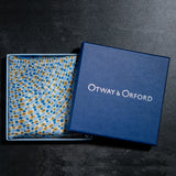 Spots design silk pocket square in blue, gold & white by Otway & Orford in gift box