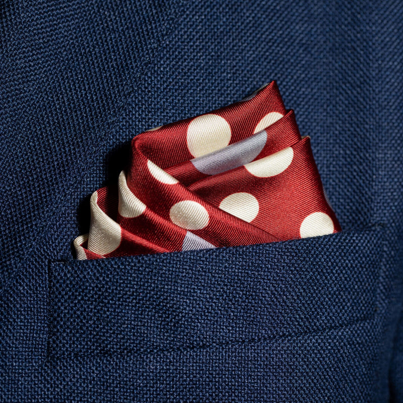 Polka dots design silk pocket square in maroon with grey and cream by Otway & Orford folded in top pocket