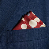 Polka dots design silk pocket square in maroon with grey and cream by Otway & Orford folded in top pocket
