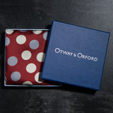 Polka dots design silk pocket square in maroon with grey and cream by Otway & Orford folded in gift box