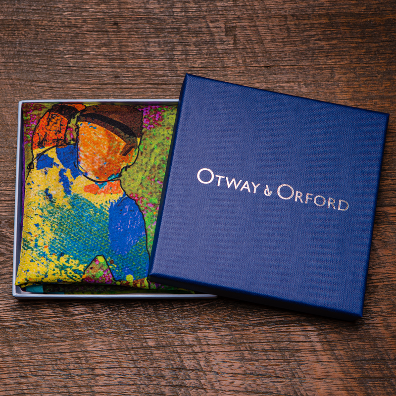tennis silk pocket square in green, purple and blue by Otway & Orford in gift box
