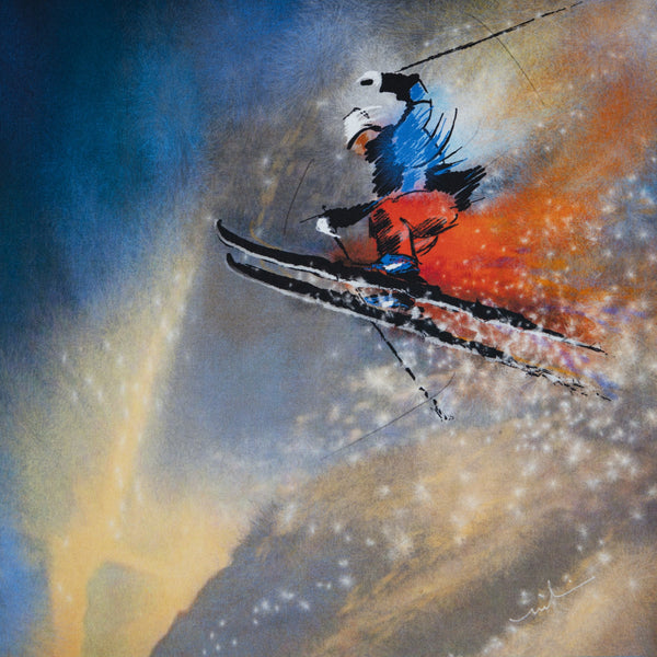 The Jump skiing silk pocket square by Otway & Orford in collaboration with Miki de Goodaboom 