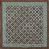 Flatlay of tile design silk pocket square in brown, green and turquoise by Otway & Orford.