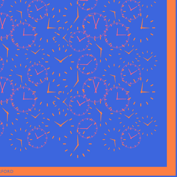 'Chronos' repeat pattern silk pocket square in blue with hot pink & orange (42 x 42cm)