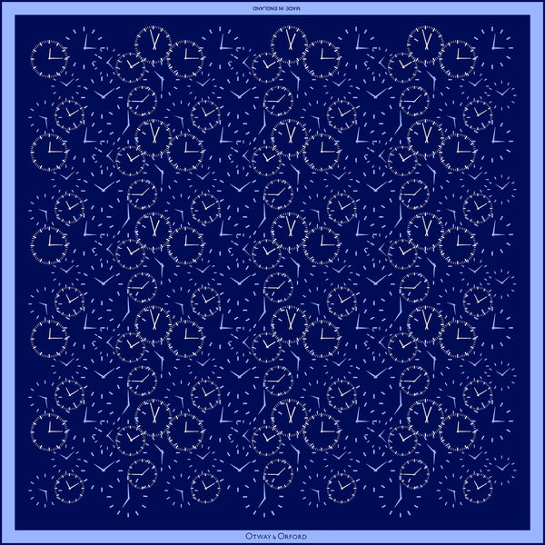 'Chronos' repeat pattern silk pocket square in navy blue with pale blue & off-white (42 x 42cm)
