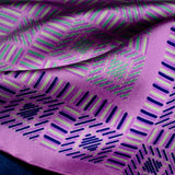 'City Squares' geometric design silk pocket square in deep pink with blue, mauve & green by Otway & Orford