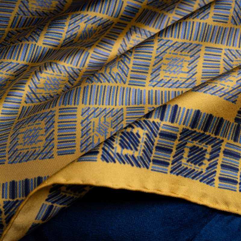 'City Squares' geometric design silk pocket square in gold & blue by Otway & Orford