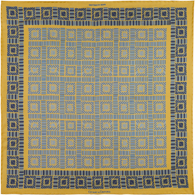 City Squares repeat pattern silk pocket square in gold & blue by Otway & Orford