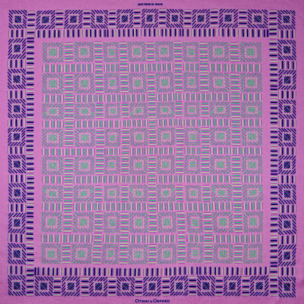 Squares design silk pocket square in deep pink with blue, mauve & green by Otway & Orford