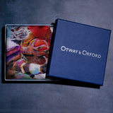 American football silk pocket square in red, white & purple by Otway & Orford folded in gift box