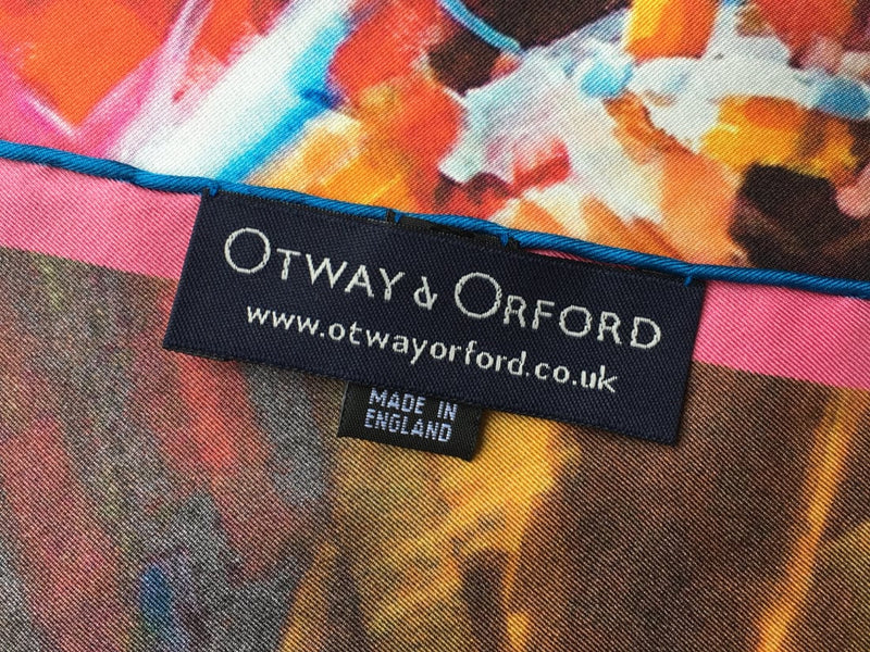 Cycling silk pocket square by Otway & Orford showing brand and Made in England labels