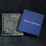 'Cypress' paisley silk pocket square in gold, brown, blue & green (42 x 42cm)