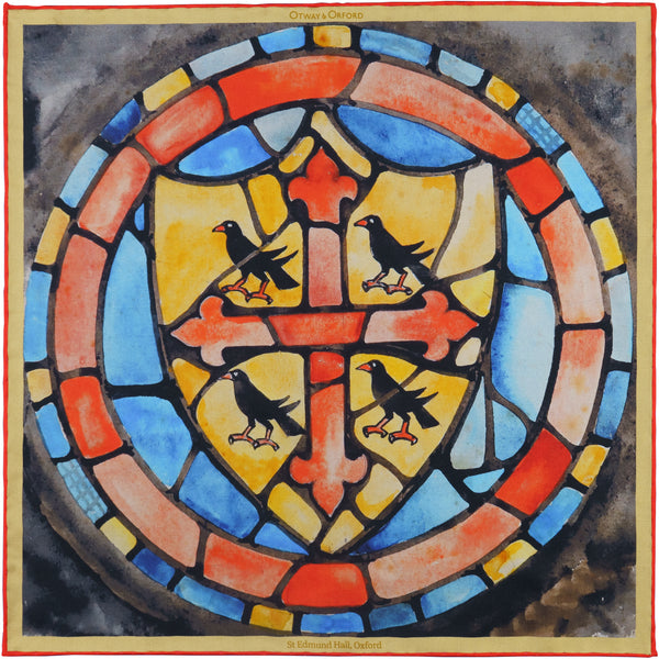 'Floreat Aula' Oxford College crest silk pocket square in gold, red & blue (42 x 42cm)