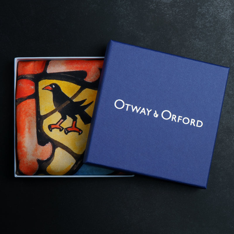 'Floreat Aula' Oxford College crest ladies' silk scarf in gold, red & blue (65 x 65cm)
