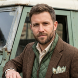 'Heritage in Motion' off-roader silk pocket square in green & brown (42 x 42cm)