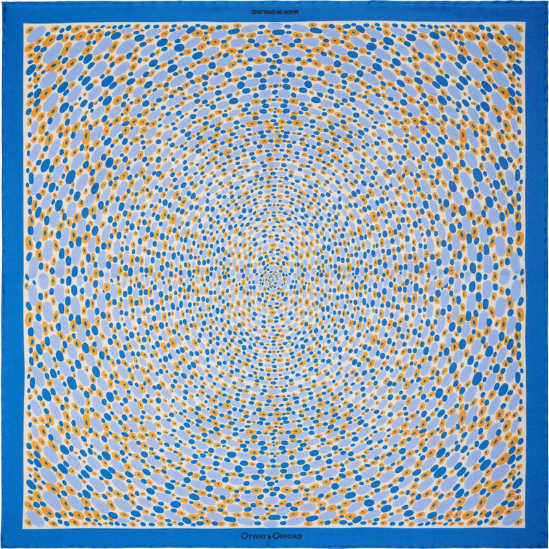 'Infinity' spots design silk pocket square in blue, gold & white by Otway & Orford