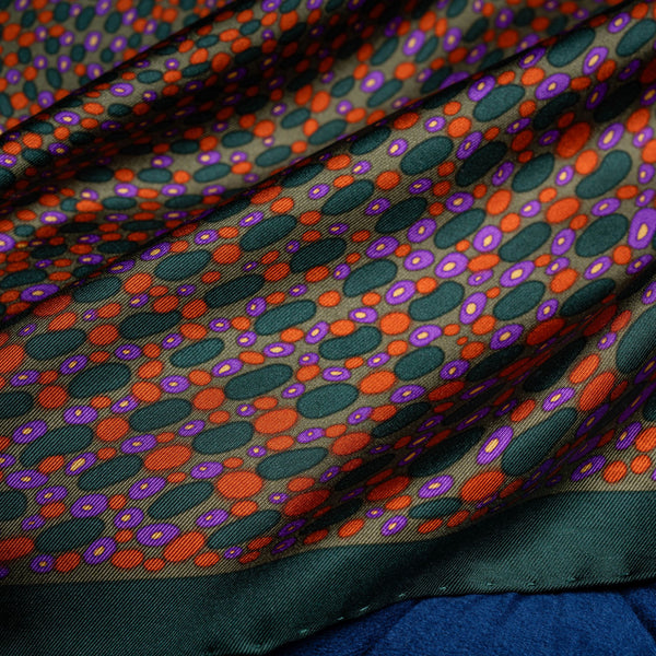 'Infinity' spots design silk pocket square in green, orange & purple by Otway & Orford