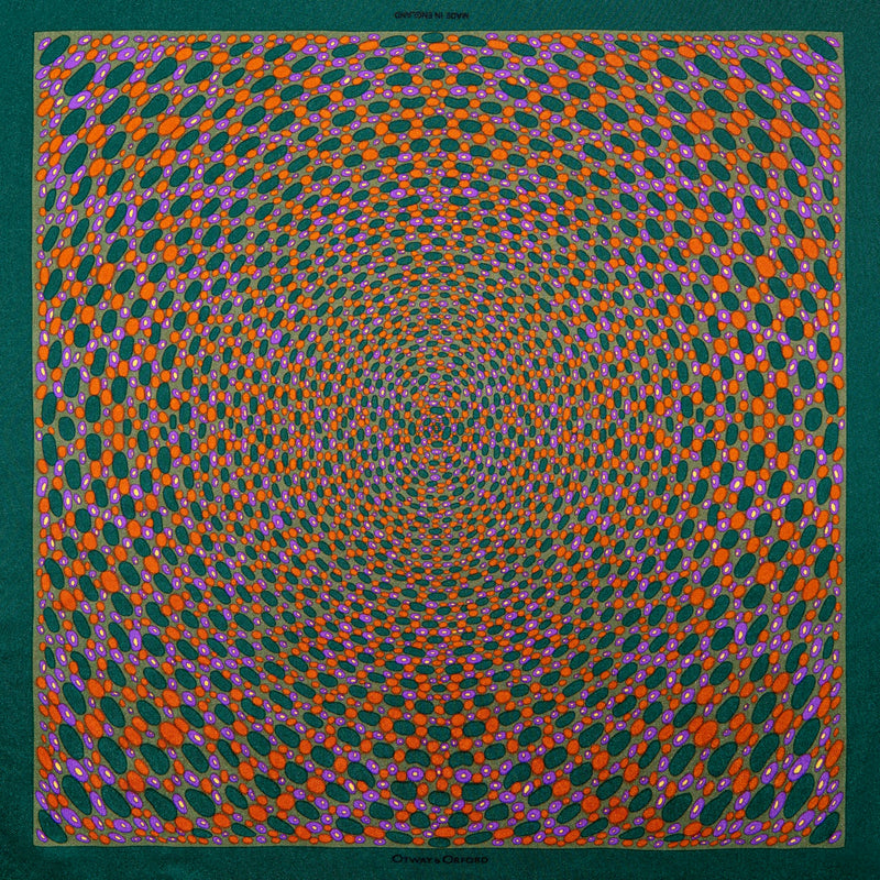 Spots design silk pocket square in green, orange & purple by Otway & Orford