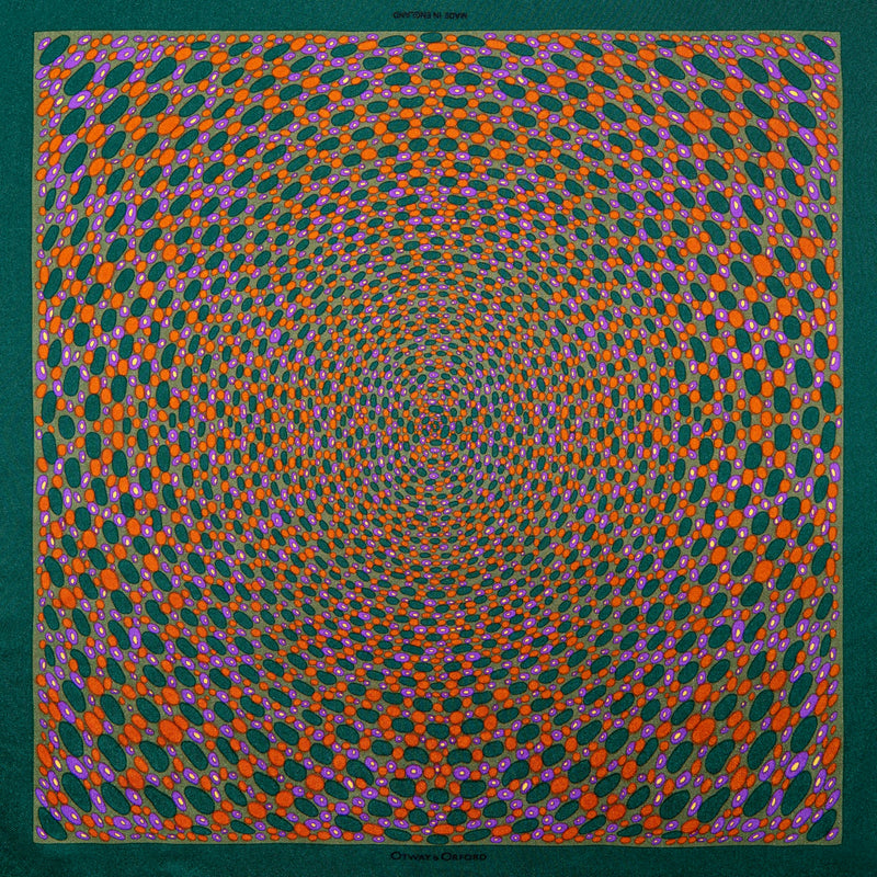 Spots design silk pocket square in green, orange & purple by Otway & Orford