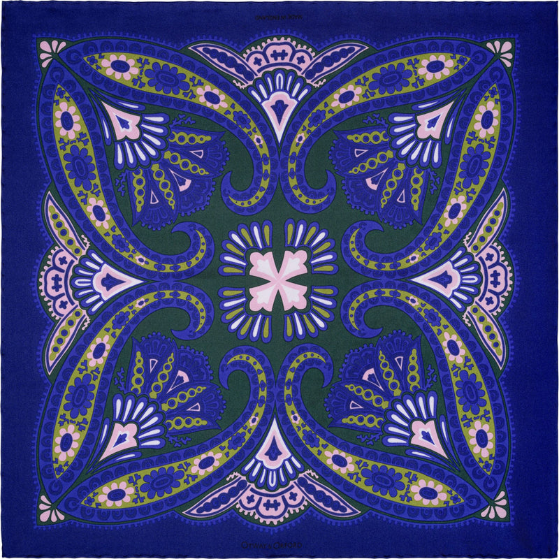 'Kaleidoscope' paisley silk pocket square in purple, green & pink by Otway & Orford