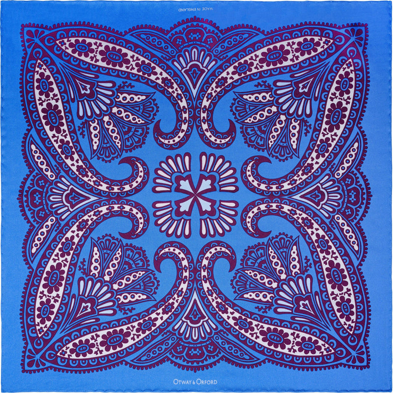 Kaleidoscope paisley design silk pocket square in blue, burgundy & cream by Otway & Orford