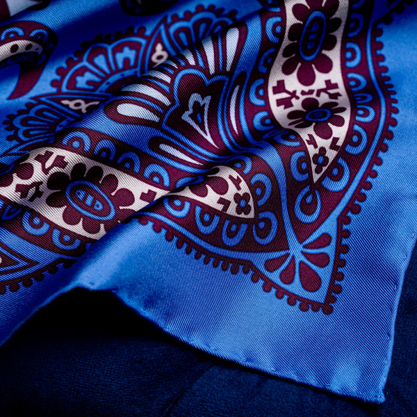 'Kaleidoscope' paisley silk pocket square in blue, burgundy & cream by Otway & Orford