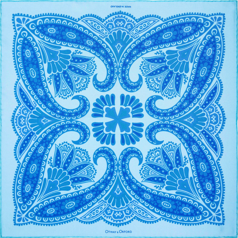 Kaleidoscope paisley silk pocket square in turquoise with blue & sea green by Otway & Orford