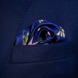 'Kaleidoscope' paisley silk pocket square in purple, green & pink by Otway & Orford folded in top pocket