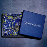 Labyrinth paisley silk pocket square in blue and white with lime green and orange by Otway & Orford in gift box