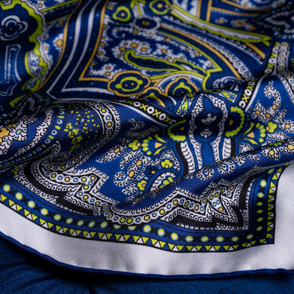 'Labyrinth' intricate paisley design silk pocket square in blue and white with lime green and orange by Otway & Orford