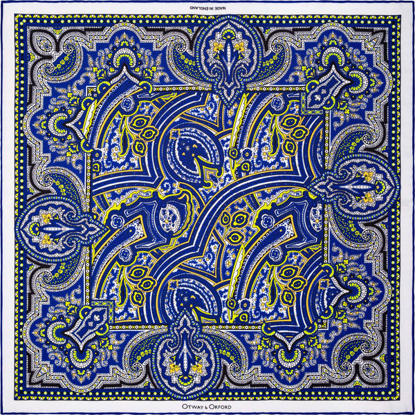 Labyrinth paisley silk pocket square in blue and white with lime green and orange by Otway & Orford