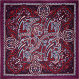 'Labyrinth' intricate paisley design silk pocket square in burgundy, red, blue & cream by Otway & Orford