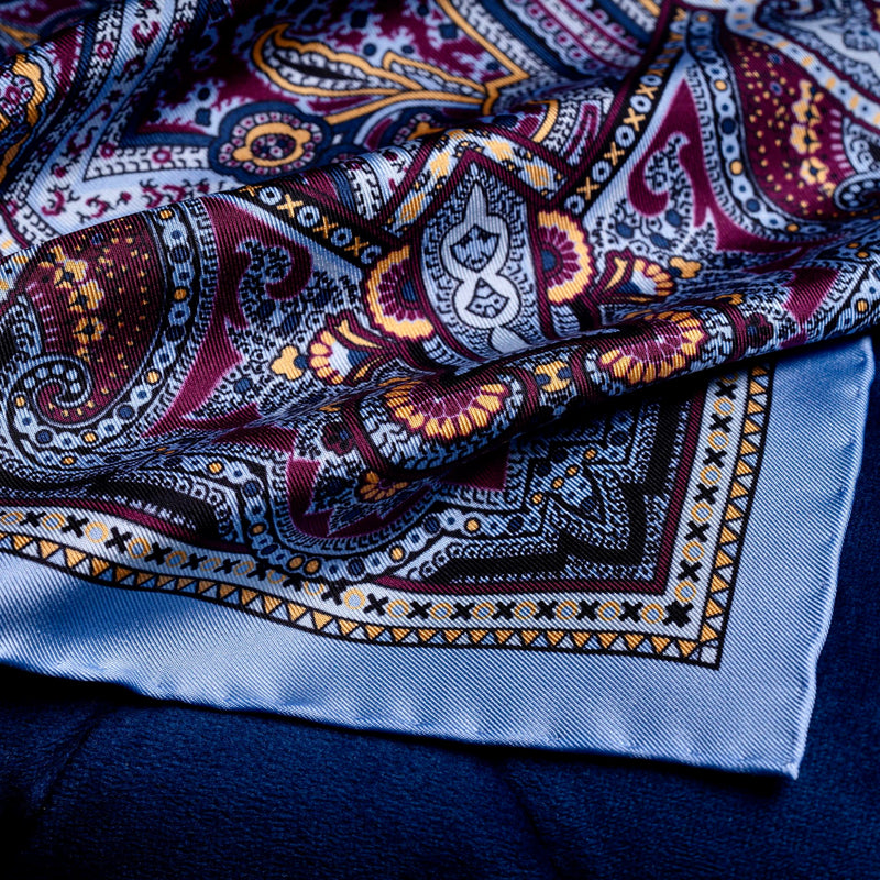'Labyrinth' intricate paisley design silk pocket square in blue, burgundy & gold by Otway & Orford